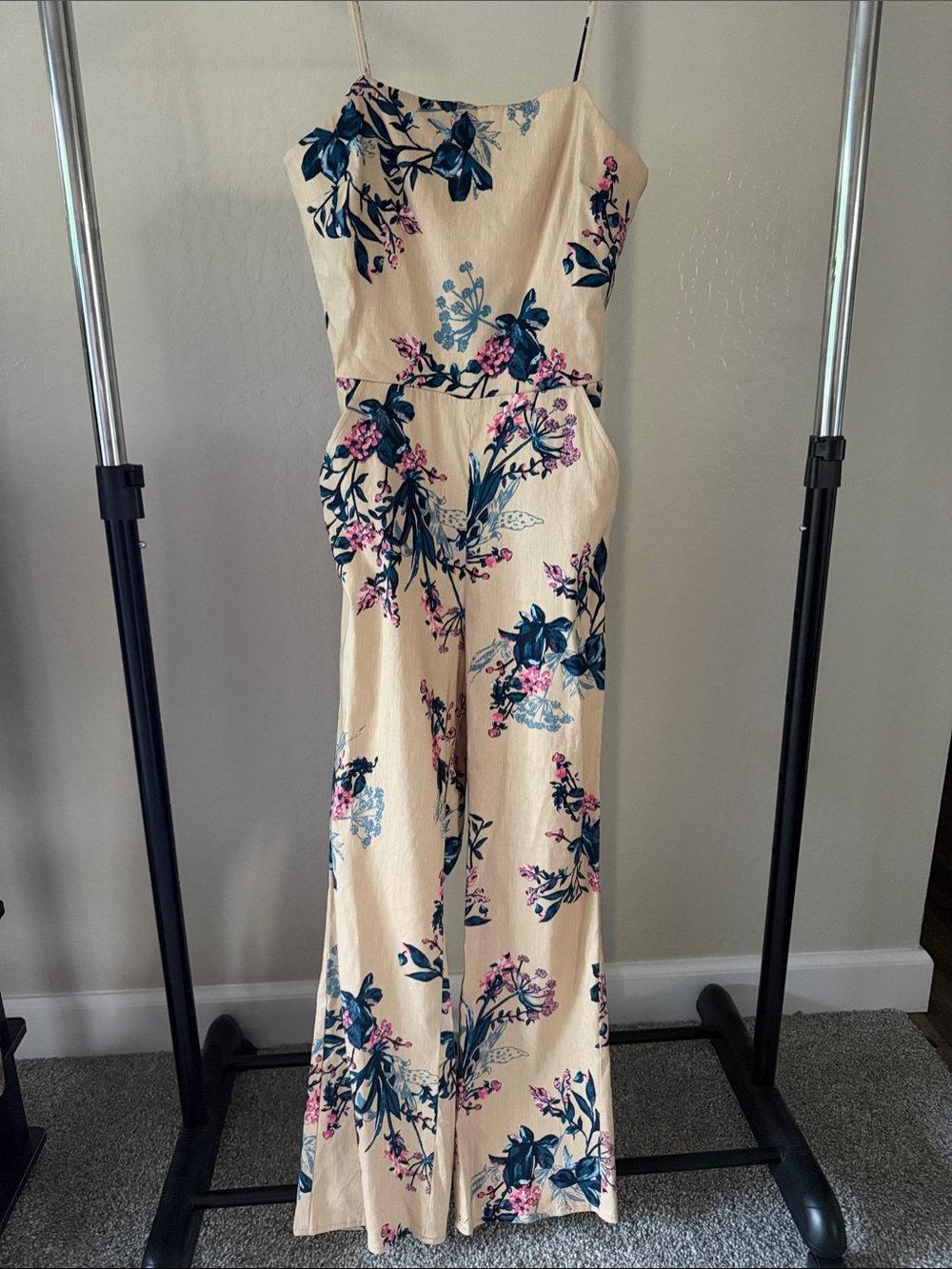 Leith Nordstrom Linen Blend Floral Wide Leg Boho Jumpsuit Cutout Button Back S
